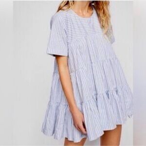 Free People Blue & White Striped Tiered Mini Dress